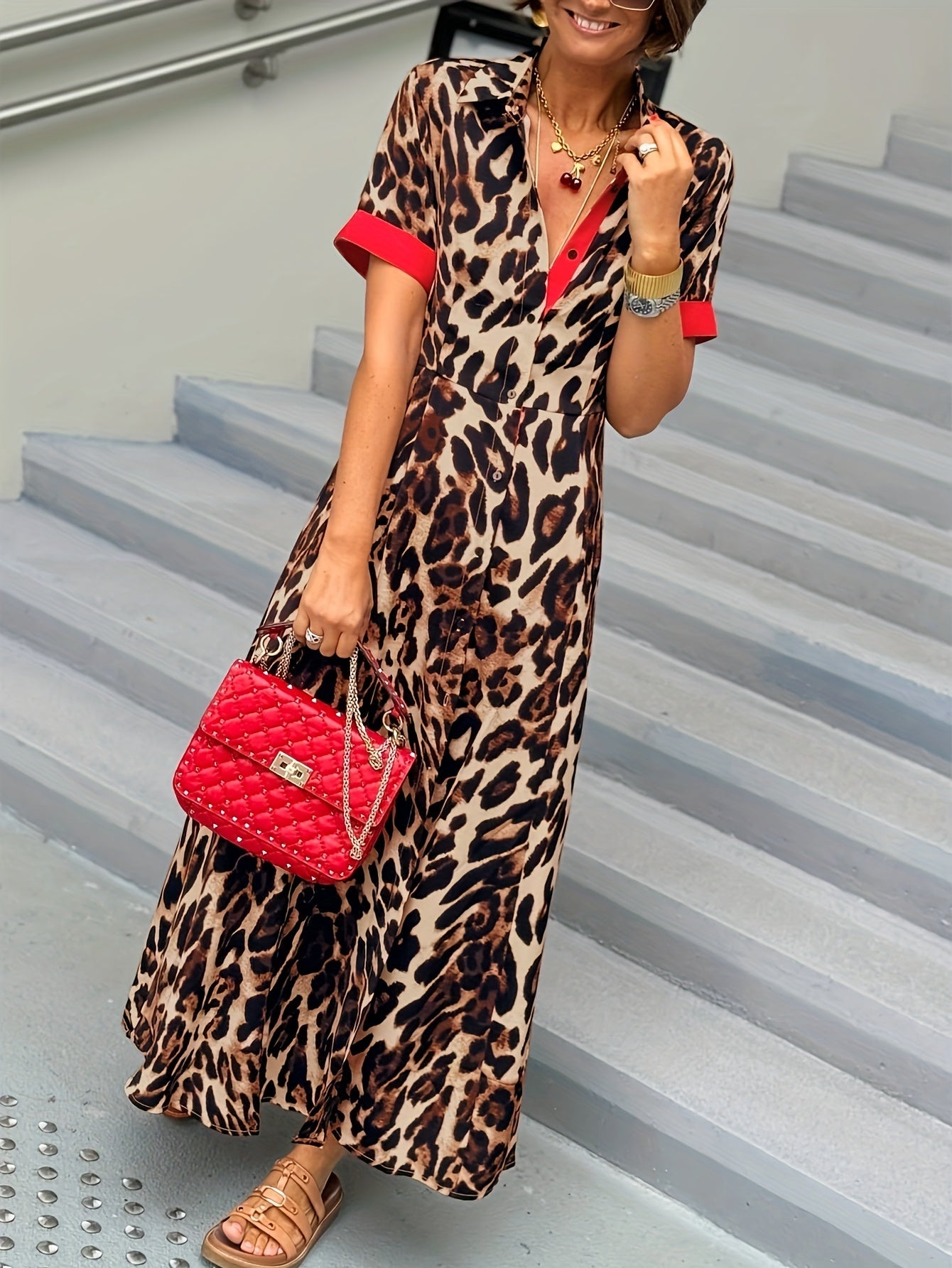 Women's Leopard Print Collared Maxi A-Line Dress - Button Front detail view