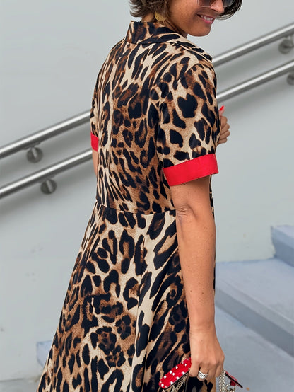 Women's Leopard Print Collared Maxi A-Line Dress - Button Front detail view