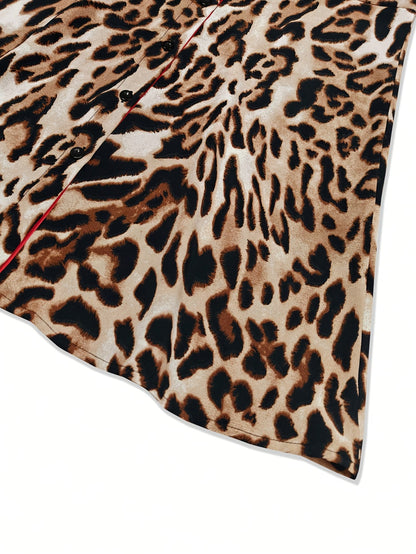 Women's Leopard Print Collared Maxi A-Line Dress - Button Front detail view