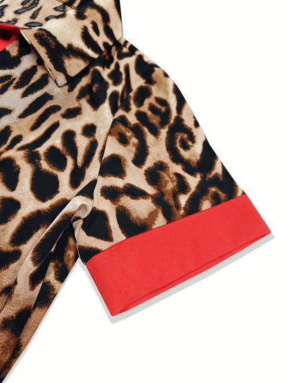 Women's Leopard Print Collared Maxi A-Line Dress - Button Front detail view