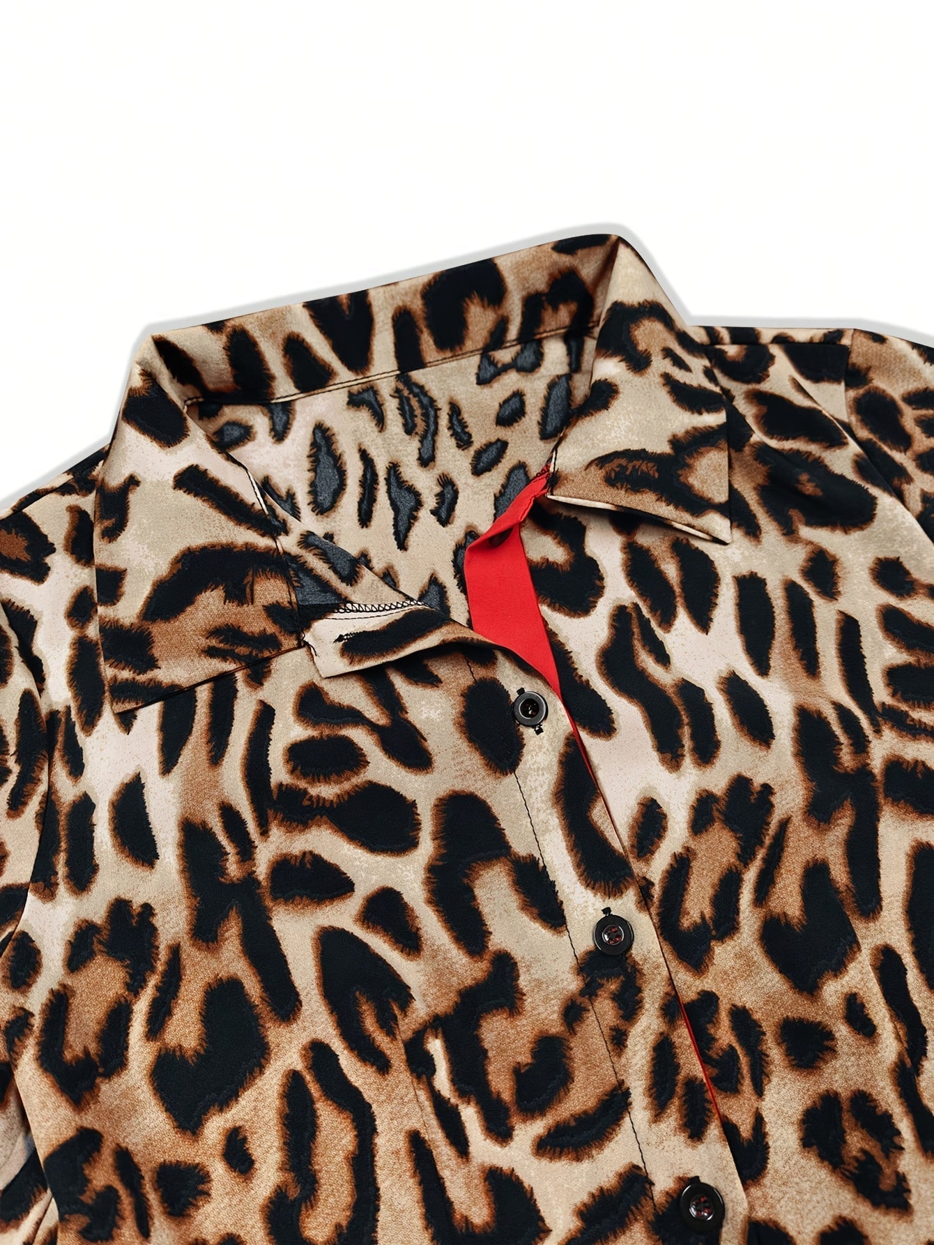 Women's Leopard Print Collared Maxi A-Line Dress - Button Front detail view