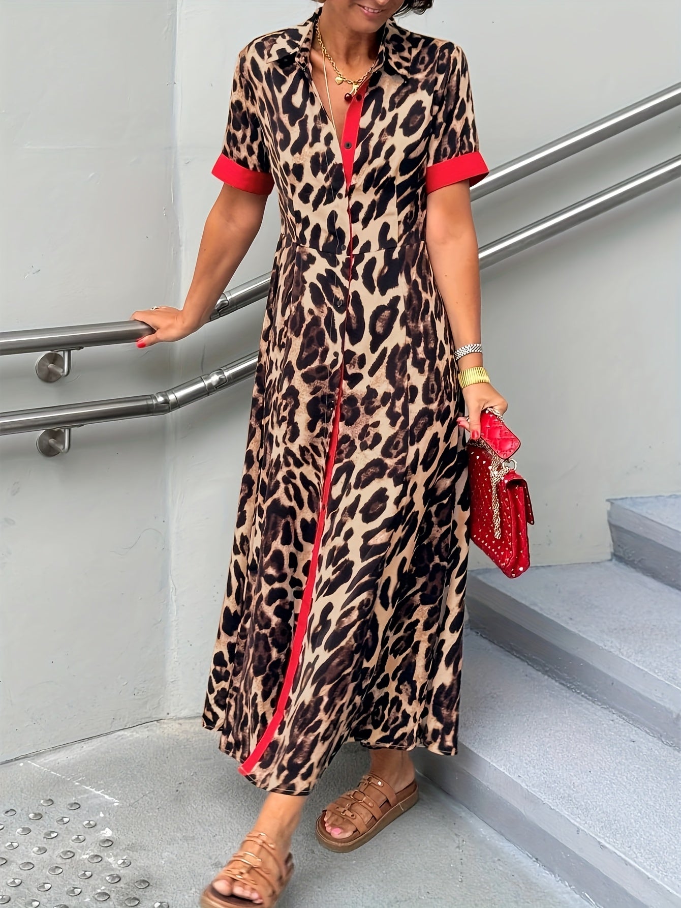 Women's Leopard Print Collared Maxi A-Line Dress - Button Front detail view