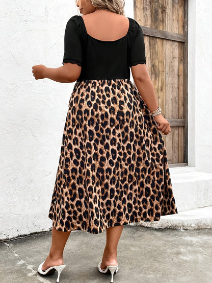 Women's Leopard Print Square Neck Midi Casual Dress - Button Front detail view