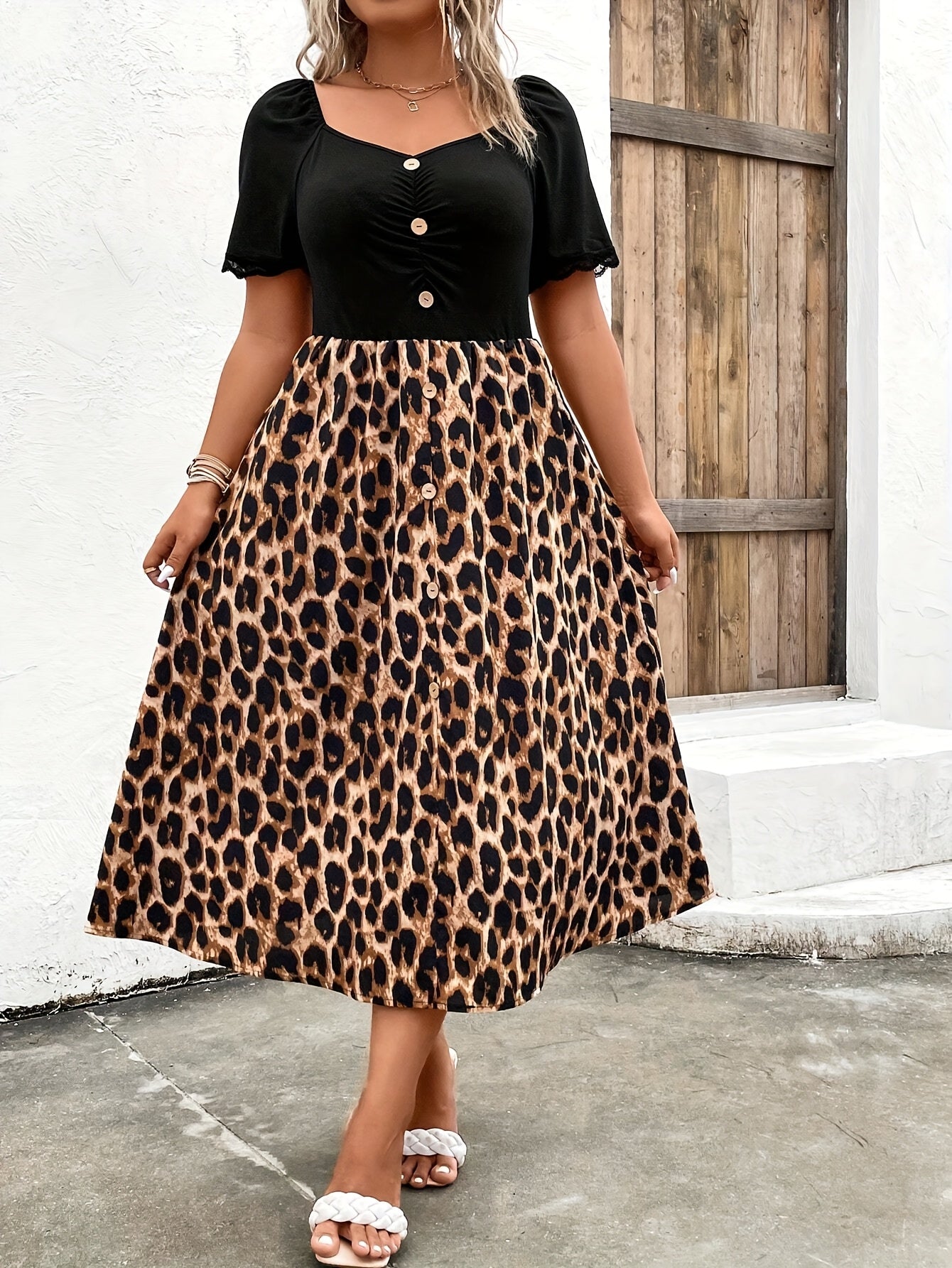 Women's Leopard Print Square Neck Midi Casual Dress - Button Front detail view