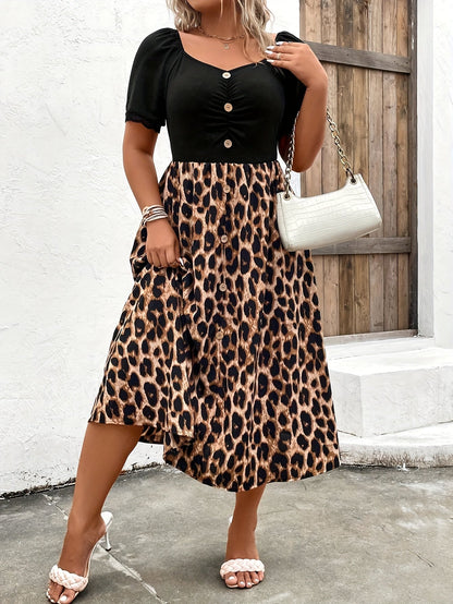 Women's Leopard Print Square Neck Midi Casual Dress - Button Front detail view