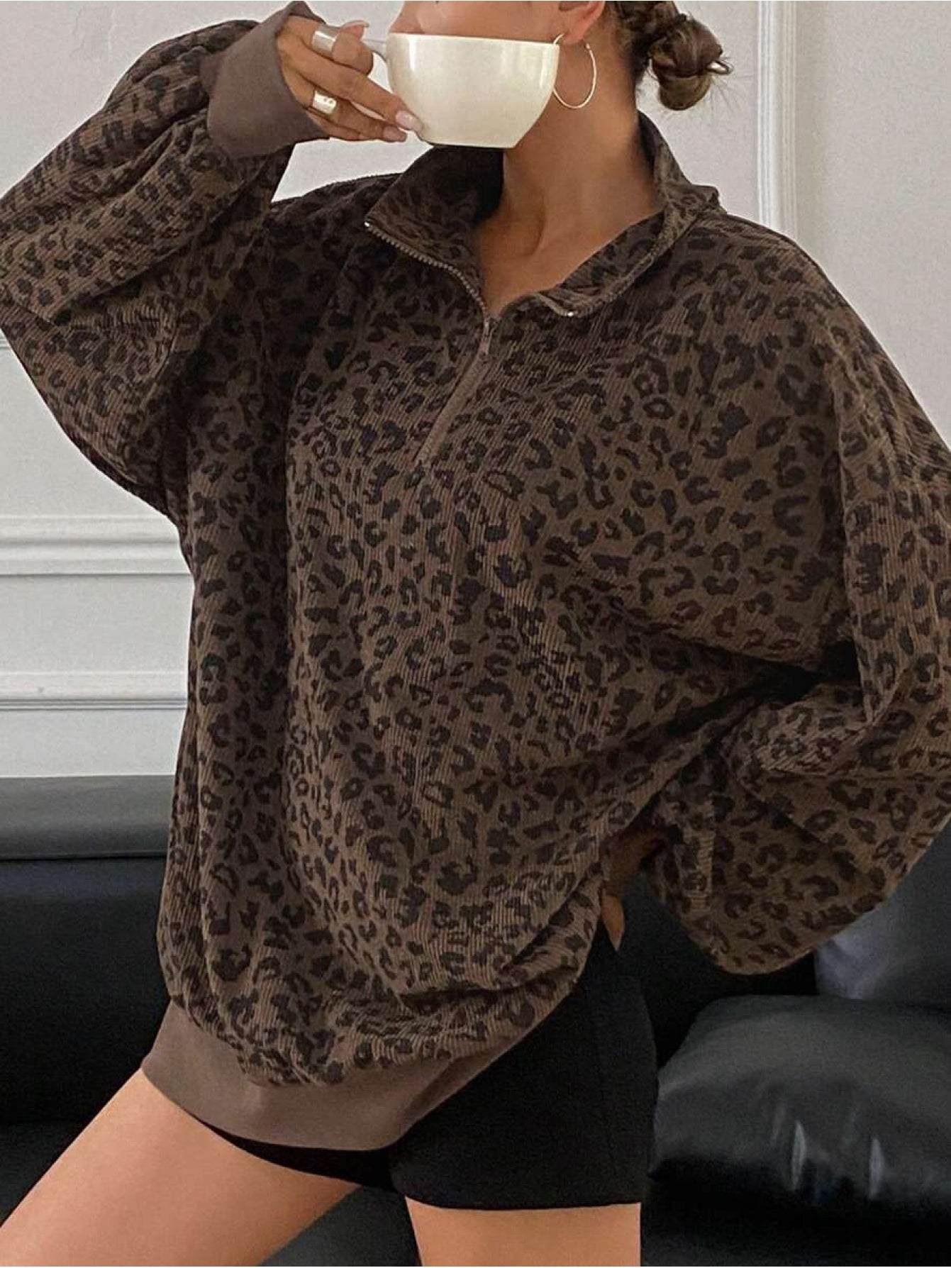 Women's Leopard Print Sweatshirt - Quarter-Zip Long Sleeve – view 2