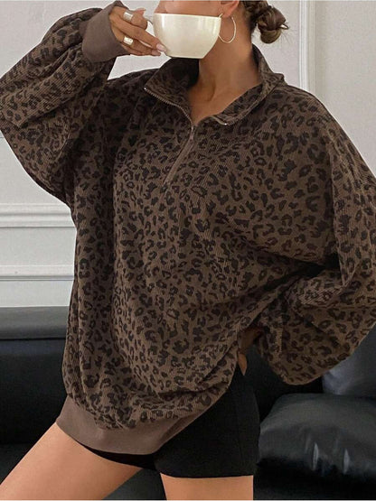 Women's Leopard Print Sweatshirt - Quarter-Zip Long Sleeve – view 2