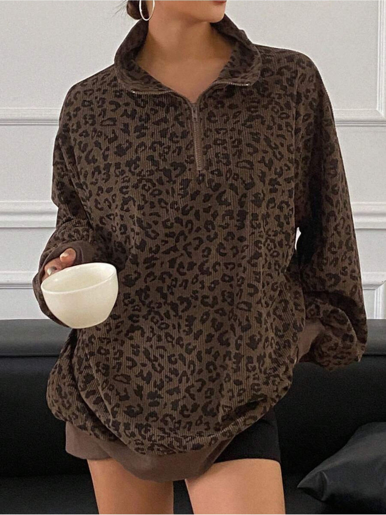Women's Leopard Print Sweatshirt - Quarter-Zip Long Sleeve – view 3