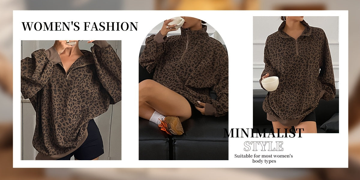 Women's Leopard Print Sweatshirt - Quarter-Zip Long Sleeve – view 5