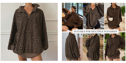 Women's Leopard Print Sweatshirt - Quarter-Zip Long Sleeve – view 6