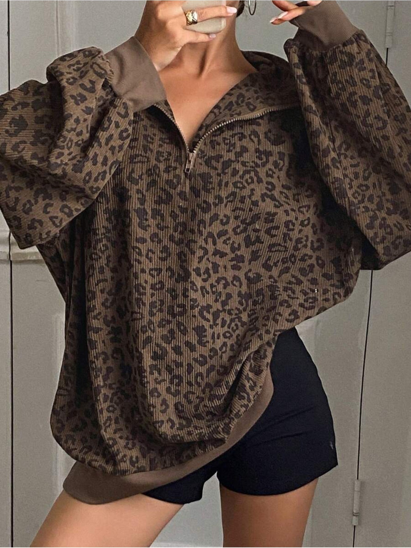 Women's Leopard Print Sweatshirt - Quarter-Zip Long Sleeve – view 8