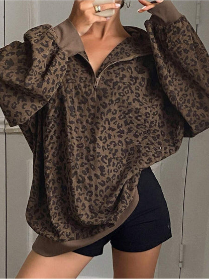 Women's Leopard Print Sweatshirt - Quarter-Zip Long Sleeve – Brown option – main product image