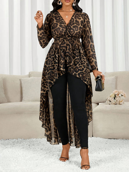 Women's Leopard Print Tunic - V-Neck Long Sleeve detail view