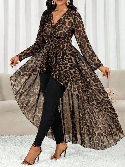 Women's Leopard Print Tunic - V-Neck Long Sleeve detail view