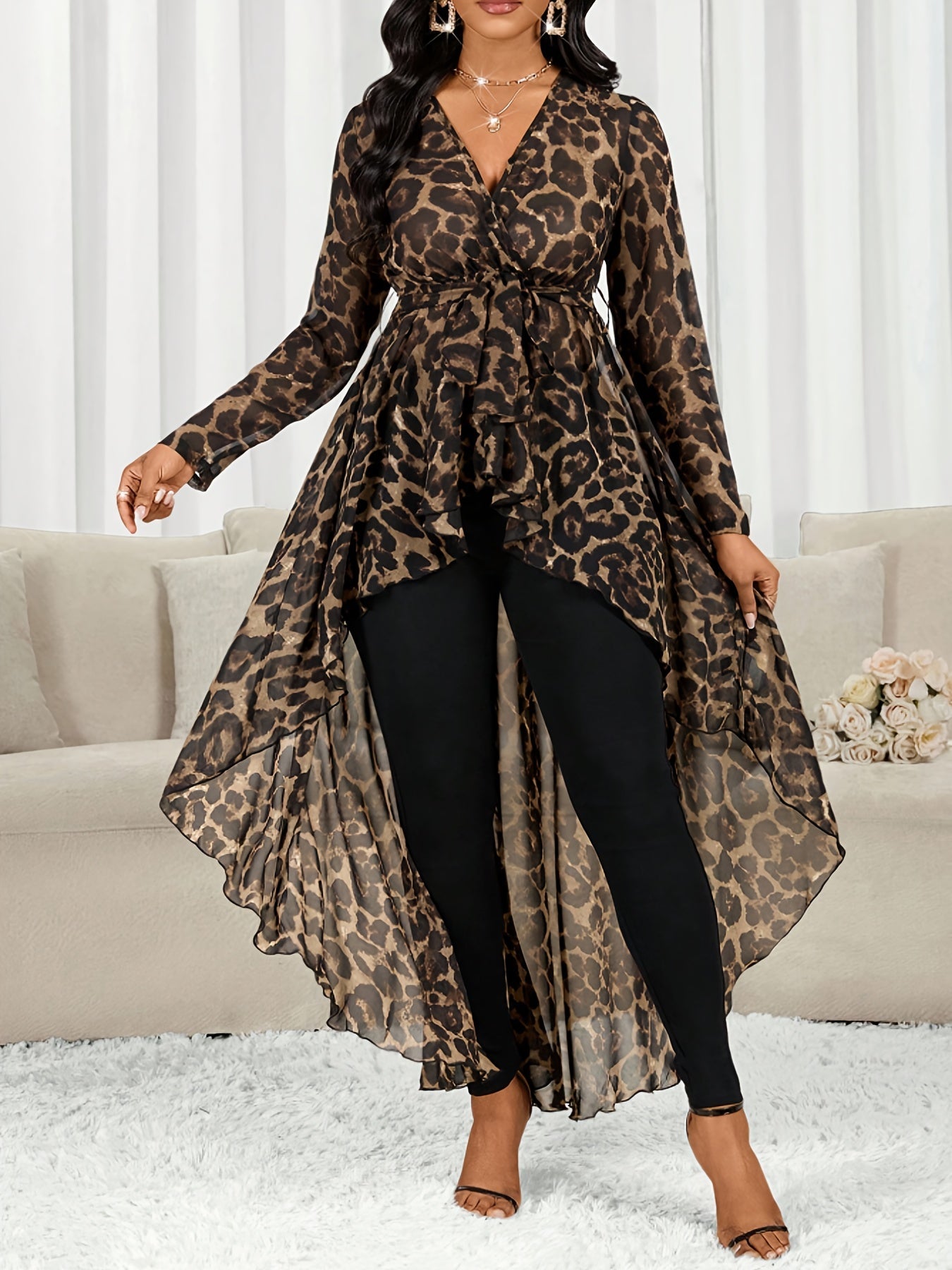 Women's Leopard Print Tunic - V-Neck Long Sleeve detail view