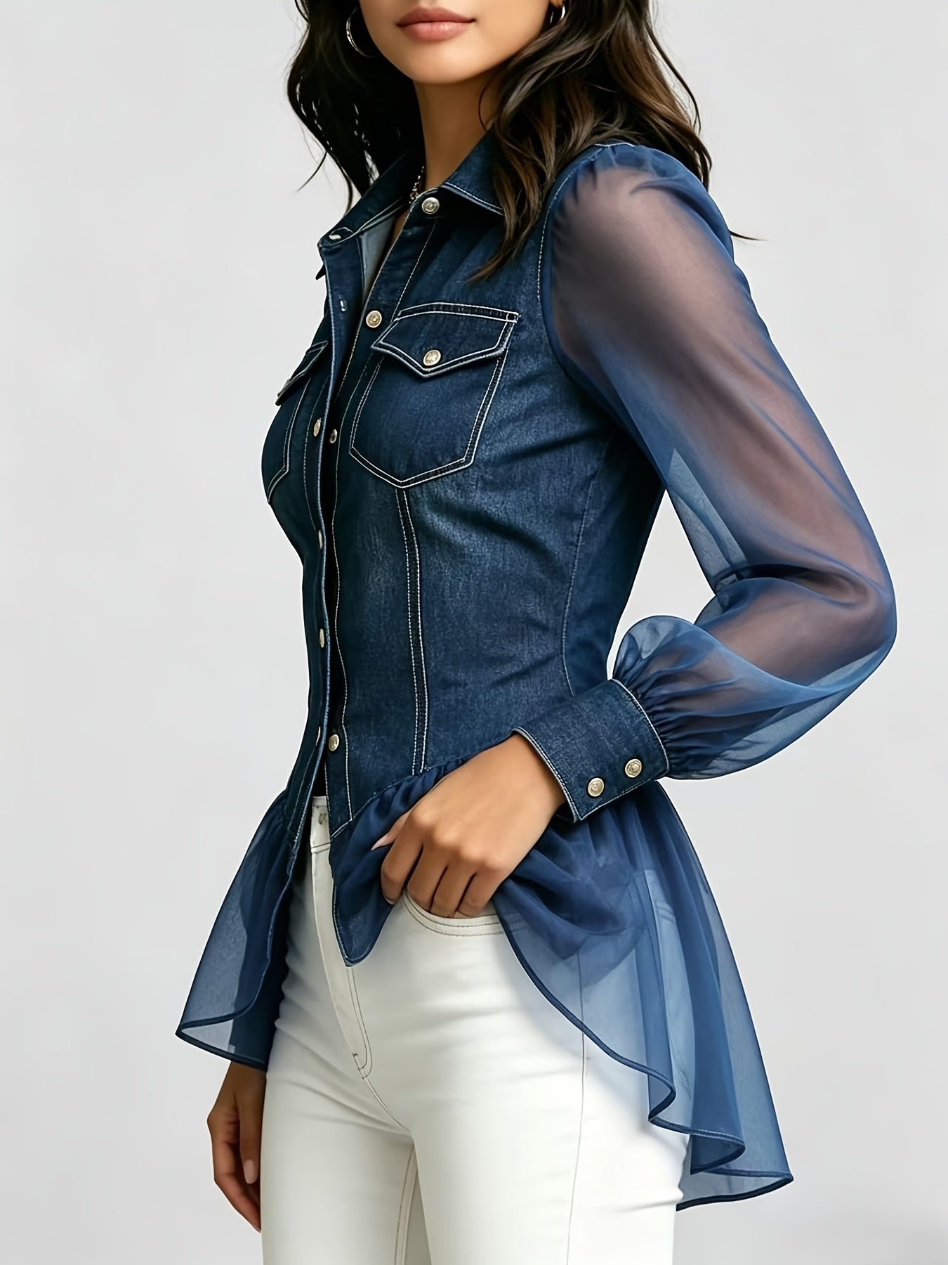 Women's Lightweight Denim Button-Front Jacket – Blue detail view