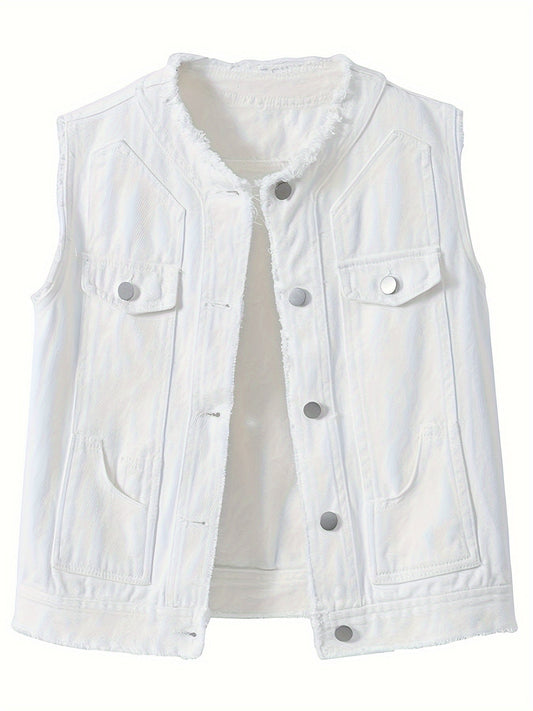 Women's Lightweight Denim Button-Front Vest – White option – main product image
