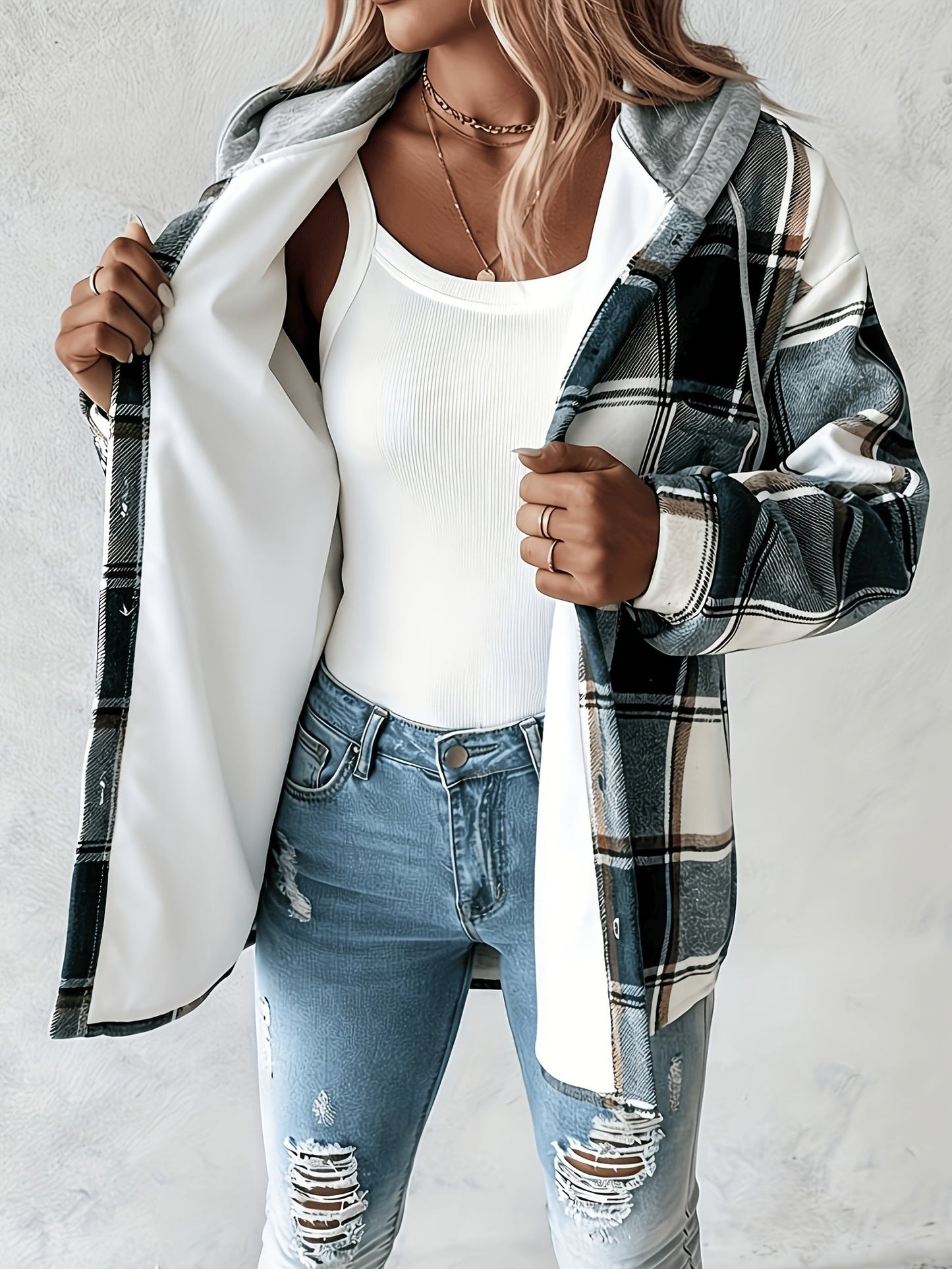Women's Lightweight Plaid Button-Front Jacket detail view