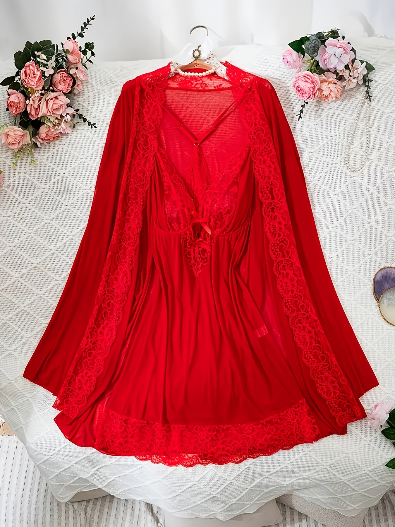 Women's Lingerie Set - Lace Detail – Red detail view