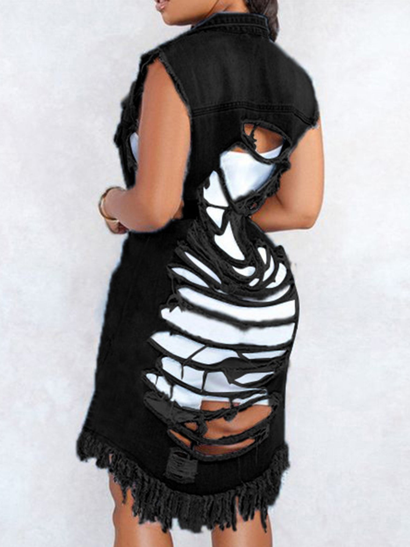 Women's Long Denim Vest - Ripped Raw Hem detail view