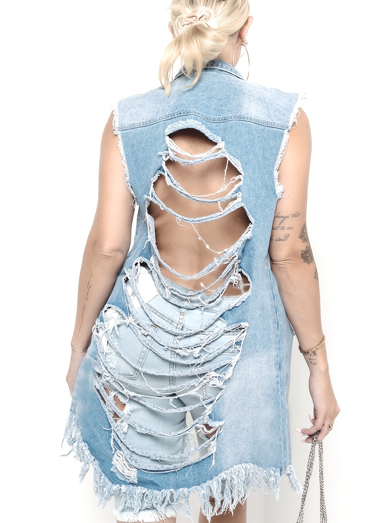 Women's Long Denim Vest - Ripped Raw Hem detail view