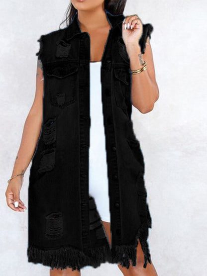 Women's Long Denim Vest - Ripped Raw Hem detail view