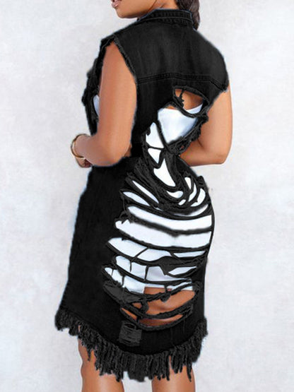 Women's Long Denim Vest - Ripped Raw Hem detail view