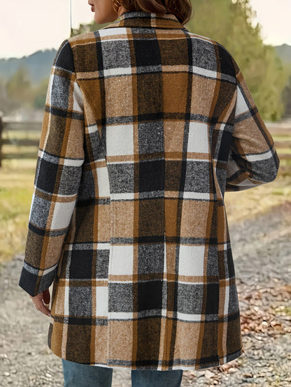 Women's Long Plaid Coat - Single-Breasted Lapel detail view
