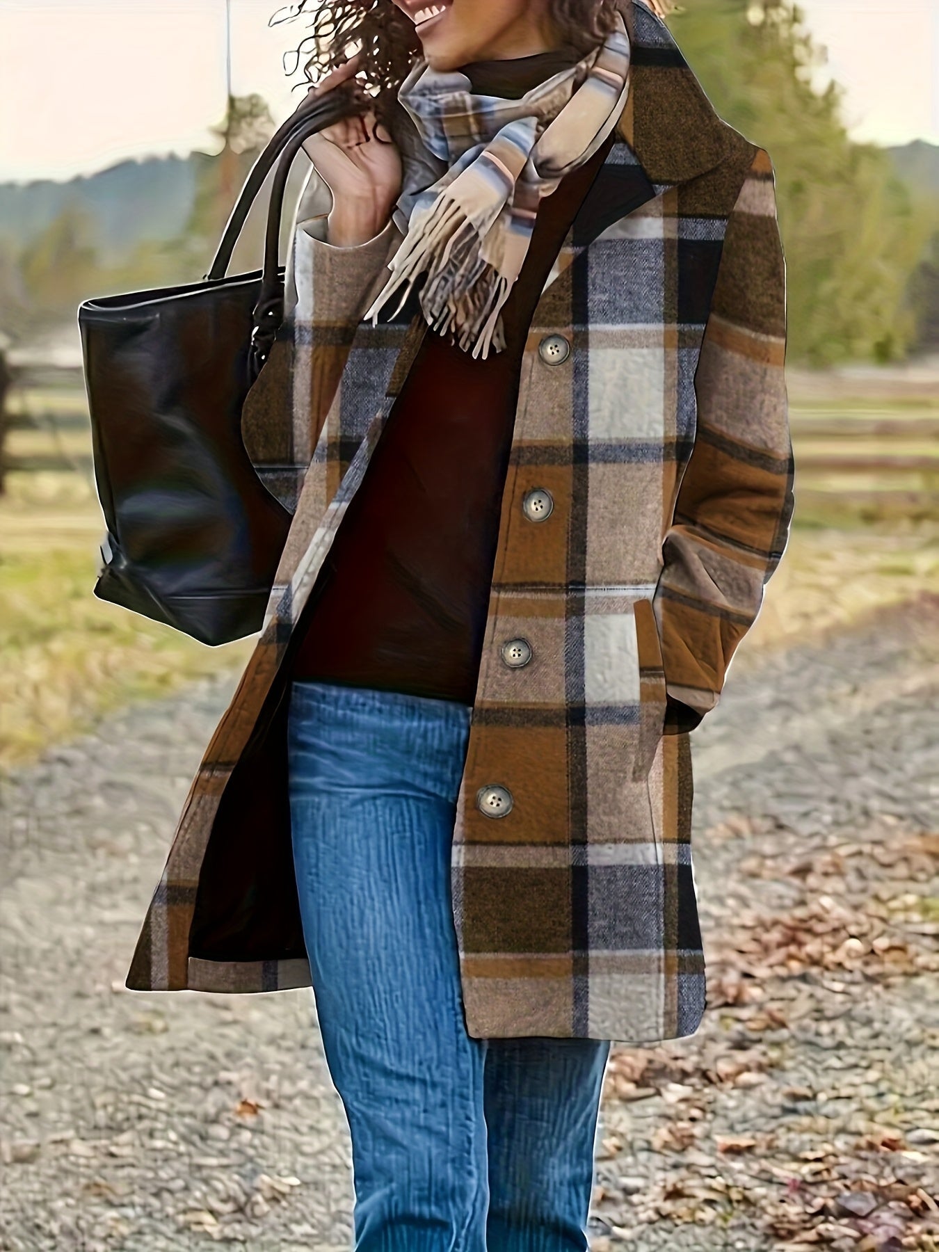 Women's Long Plaid Coat - Single-Breasted Lapel detail view