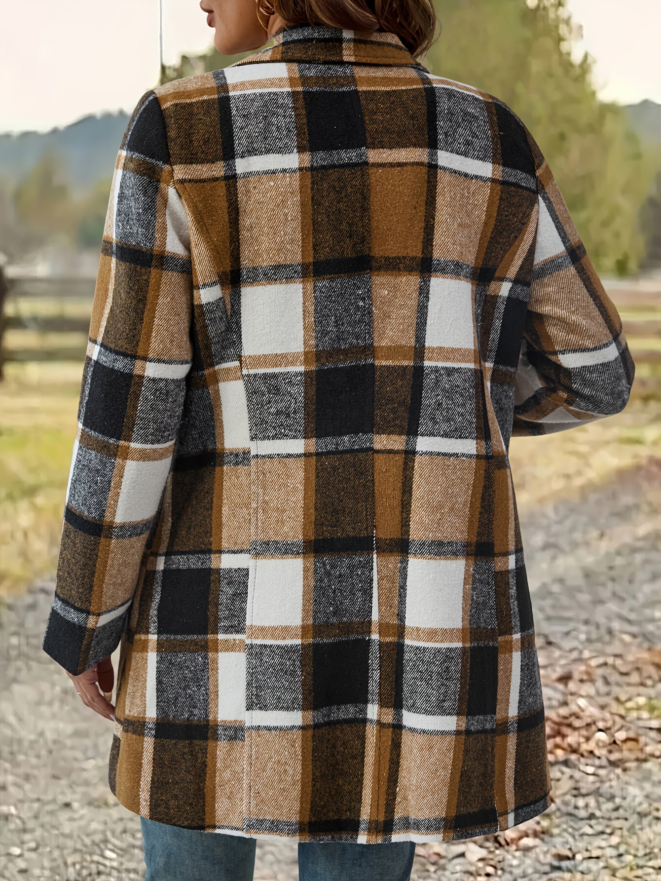 Women's Long Plaid Coat - Single-Breasted Lapel detail view