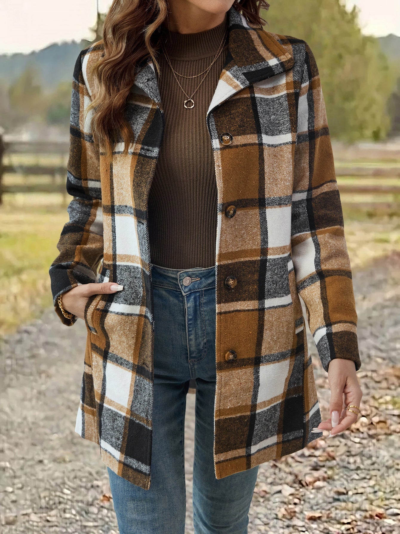 Women's Long Plaid Coat - Single-Breasted Lapel detail view