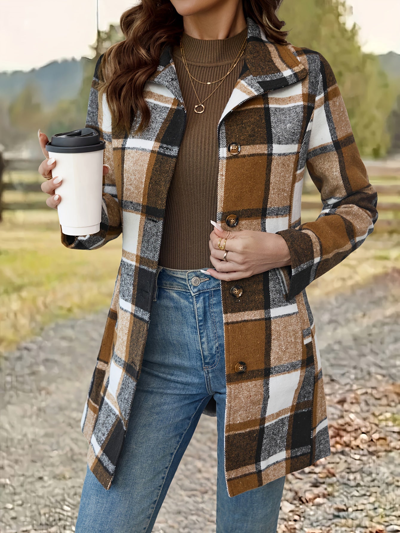 Women's Long Plaid Coat - Single-Breasted Lapel detail view