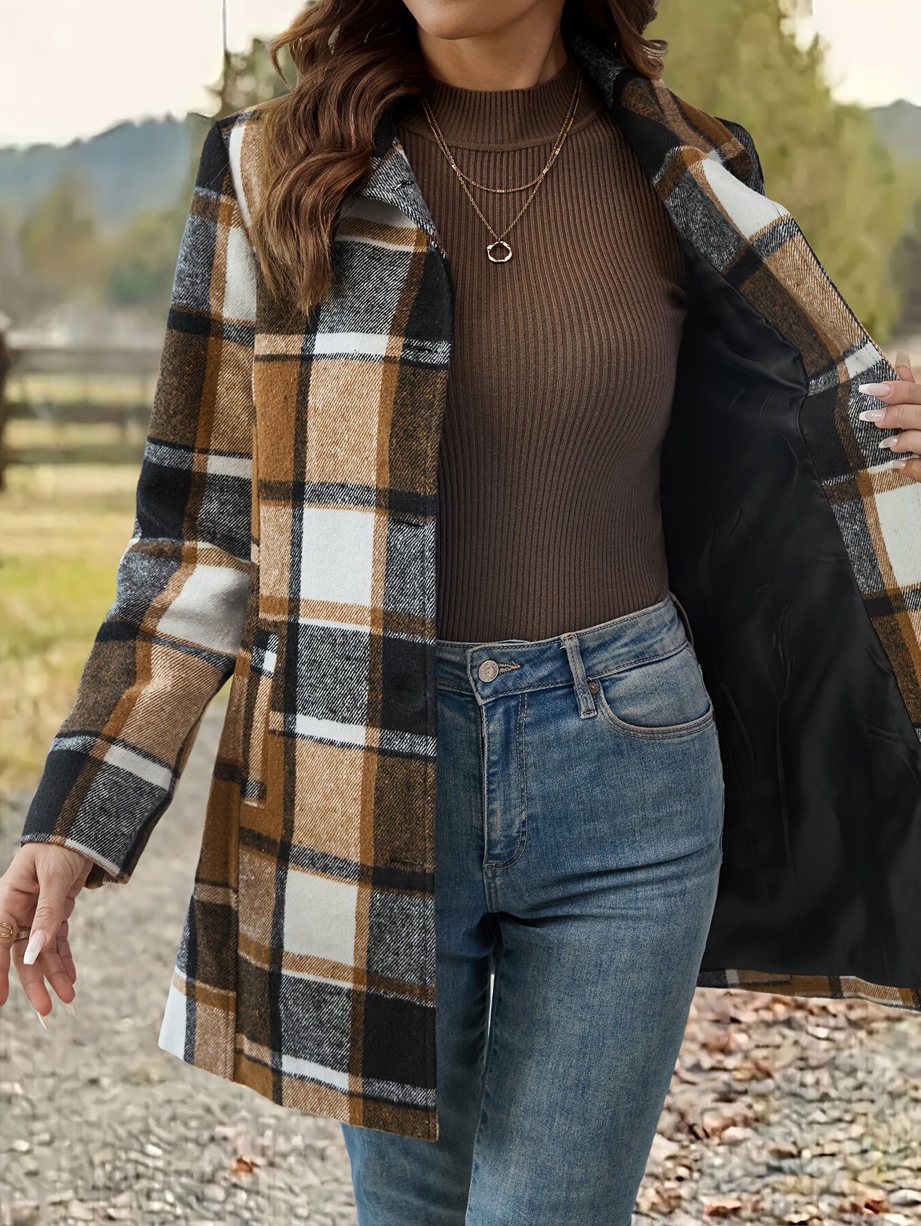 Women's Long Plaid Coat - Single-Breasted Lapel detail view