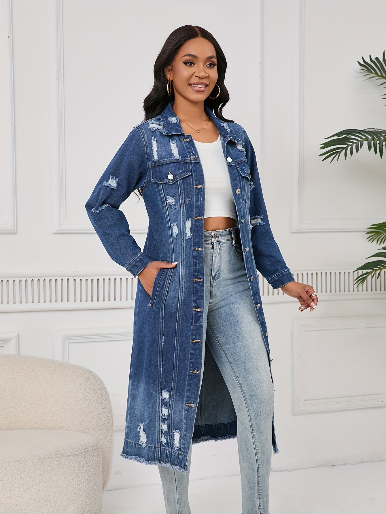 Women's Long Ripped Denim Jacket - Washed Pocket Design – view 4