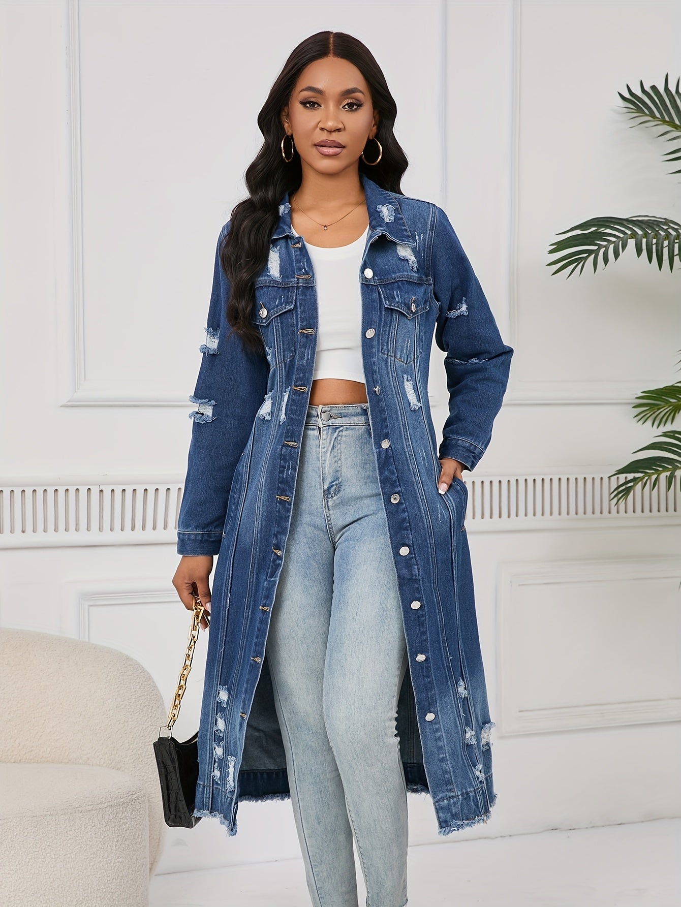 Women's Long Ripped Denim Jacket - Washed Pocket Design – view 6
