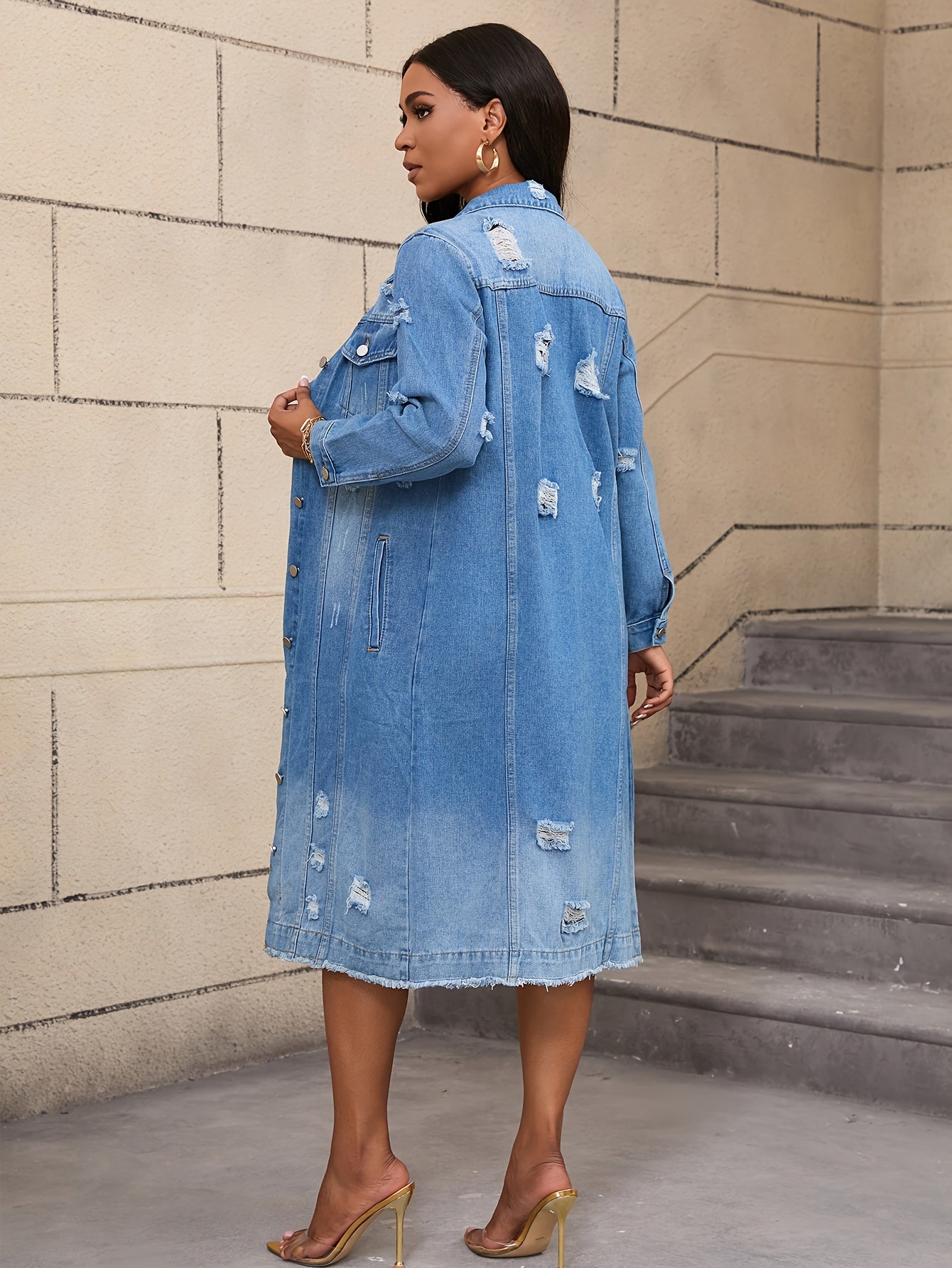 Women's Long Ripped Denim Jacket - Washed Pocket Design – view 9