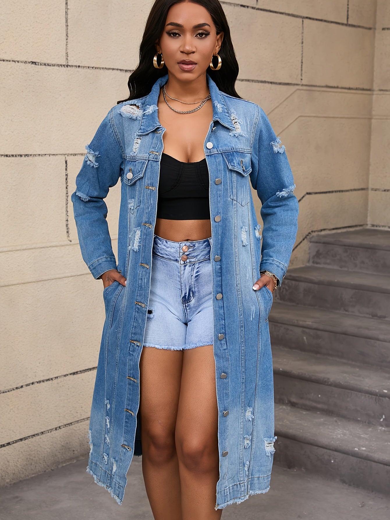 Women's Long Ripped Denim Jacket - Washed Pocket Design – view 10