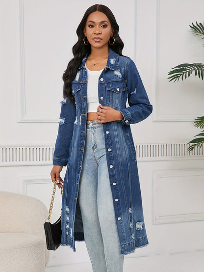 Women's Long Ripped Denim Jacket - Washed Pocket Design – view 12