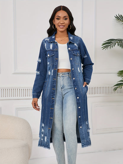 Women's Long Ripped Denim Jacket - Washed Pocket Design – view 15
