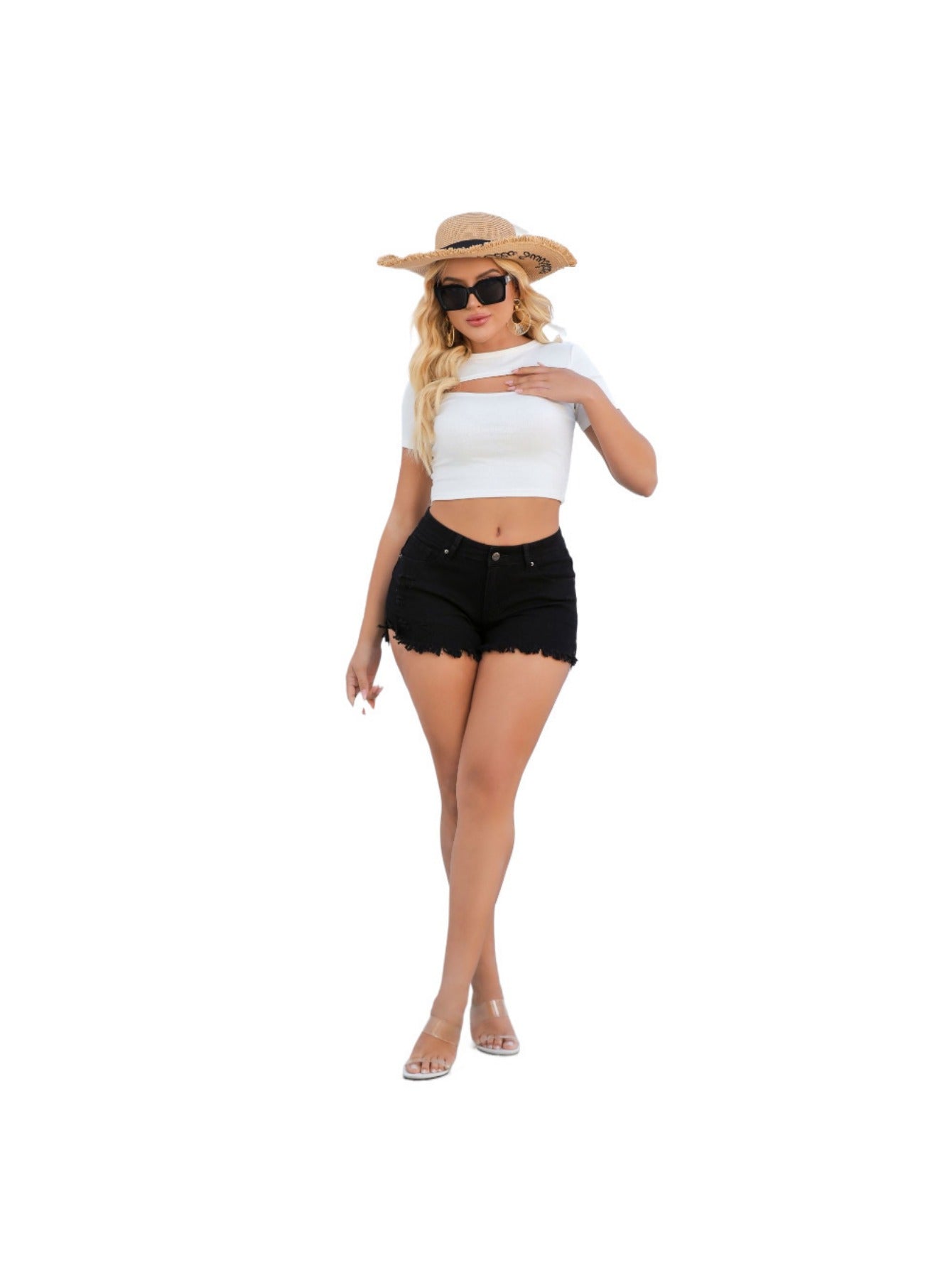 Women's Low-Rise Denim Shorts - Distressed Regular Fit detail view