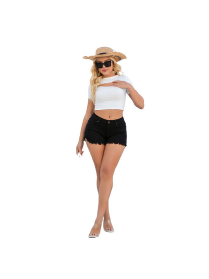 Women's Low-Rise Denim Shorts - Distressed Regular Fit detail view
