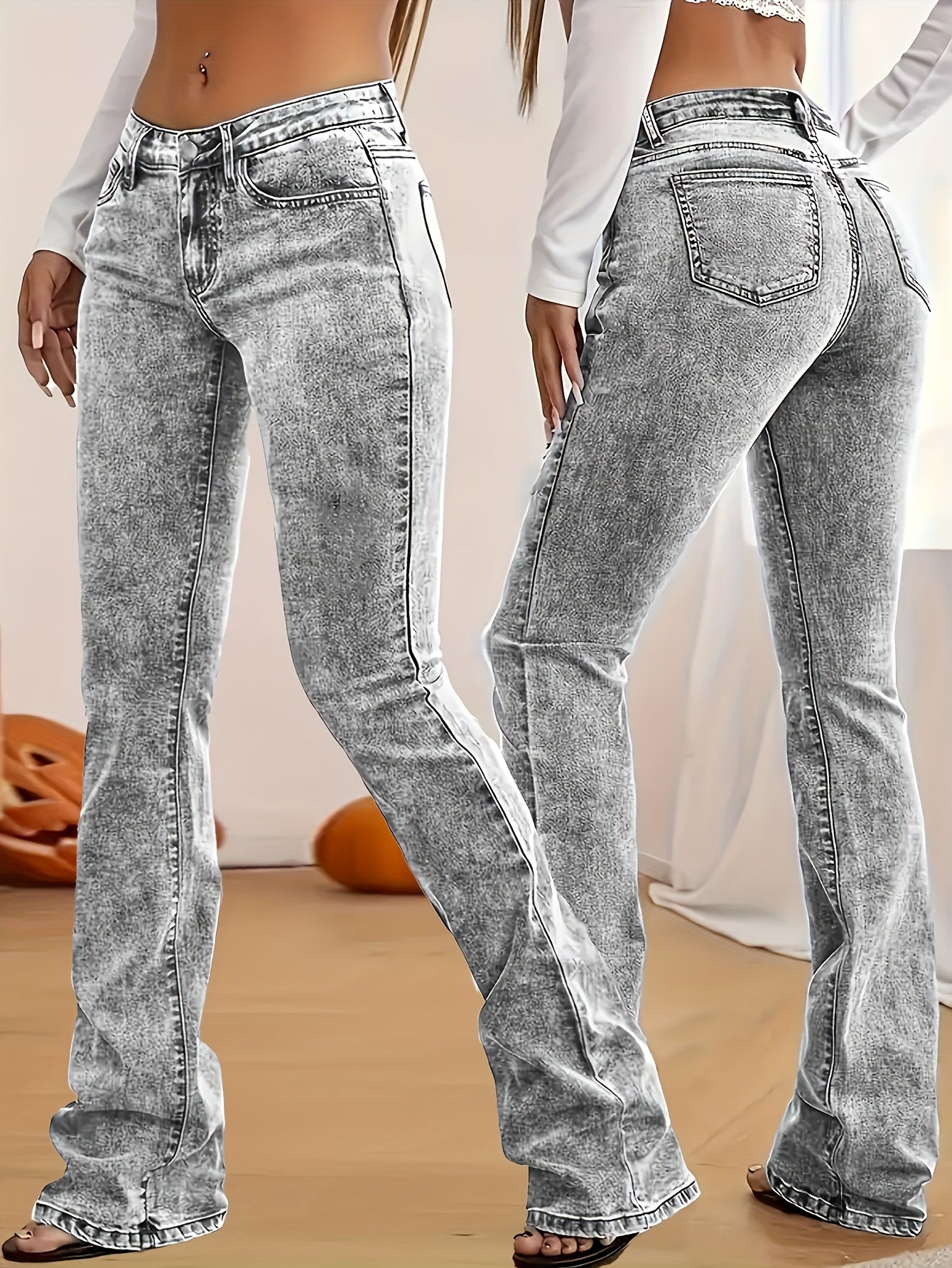 Women's Low-Rise Skinny Jeans - Grey Button Detail Stretch – Grey option – view 2