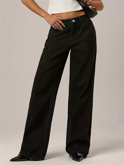 Women's Low-Rise Wide Leg Jeans - Black Button Detail detail view
