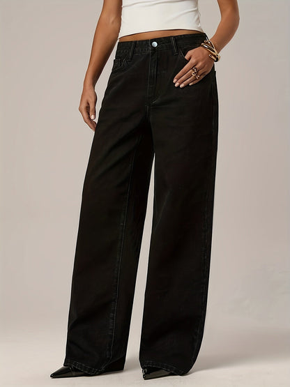 Women's Low-Rise Wide Leg Jeans - Black Button Detail detail view