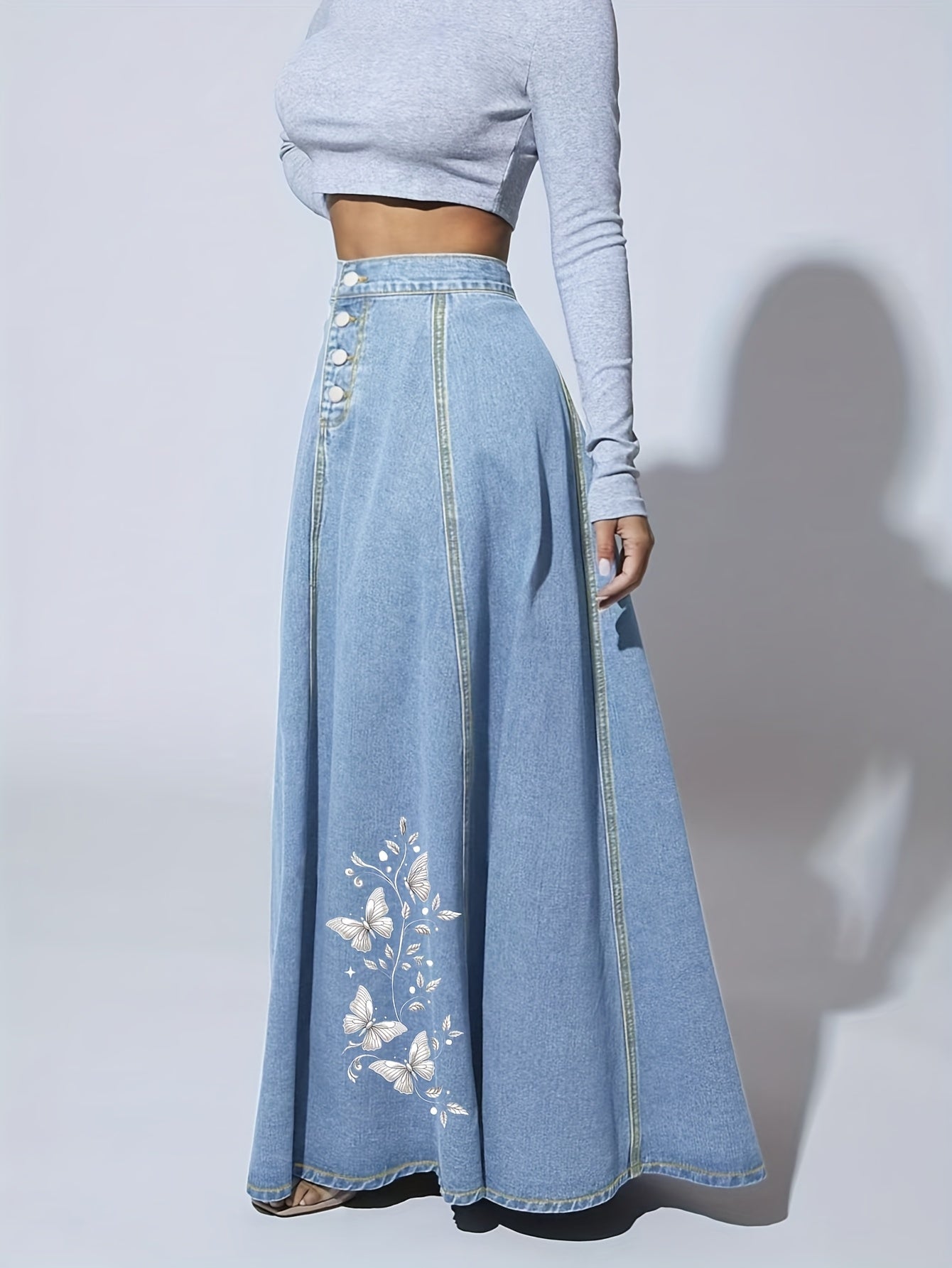Women's Maxi Denim Skirt - Floral Print – view 3