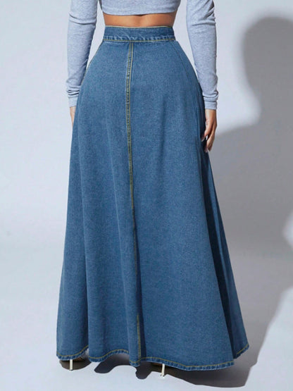 Women's Maxi Denim Skirt - Floral Print – view 7