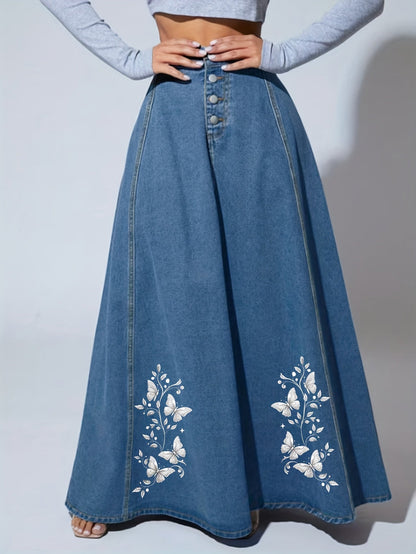 Women's Maxi Denim Skirt - Floral Print – view 8
