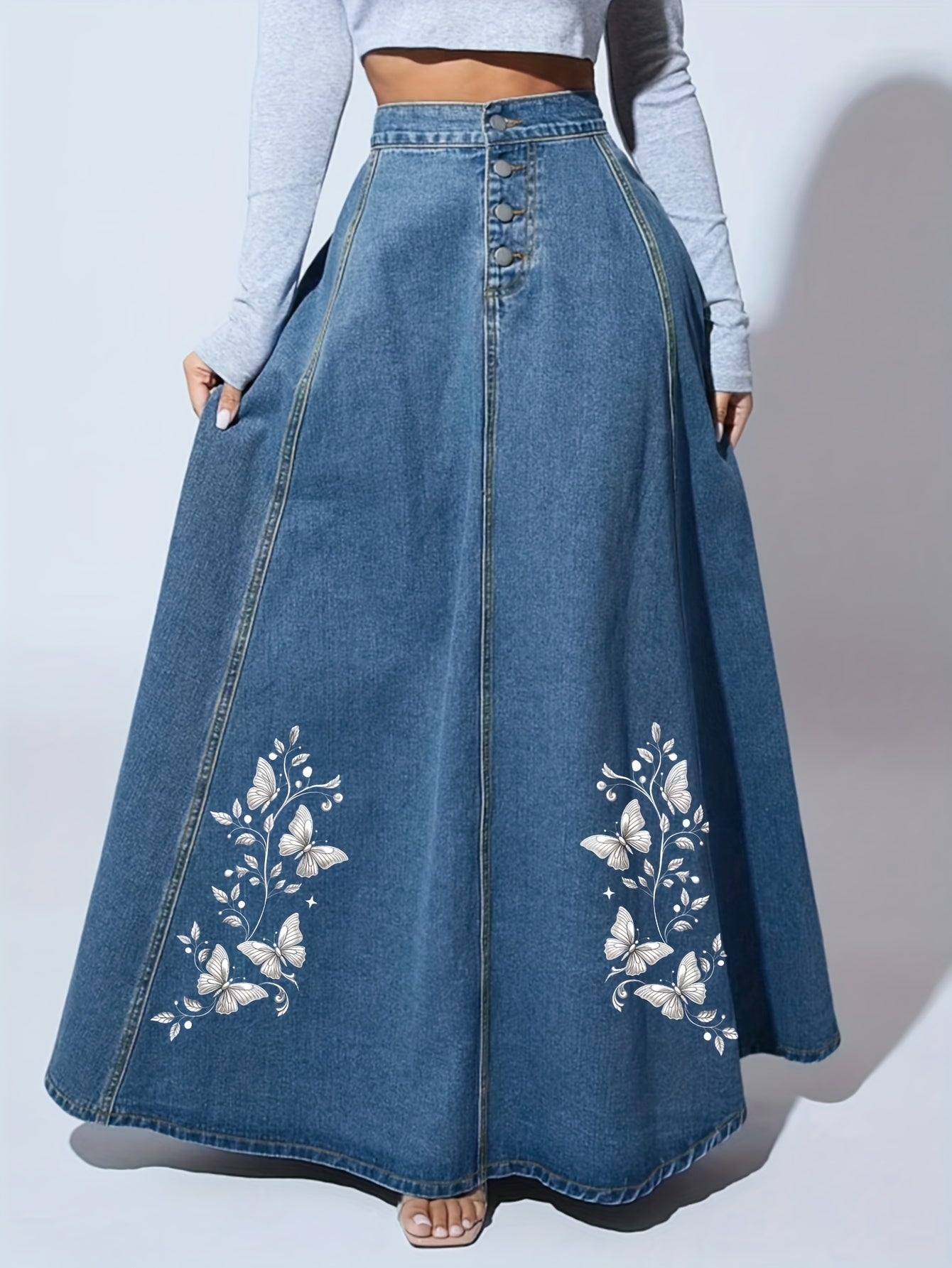 Women's Maxi Denim Skirt - Floral Print – Blue option – main product image
