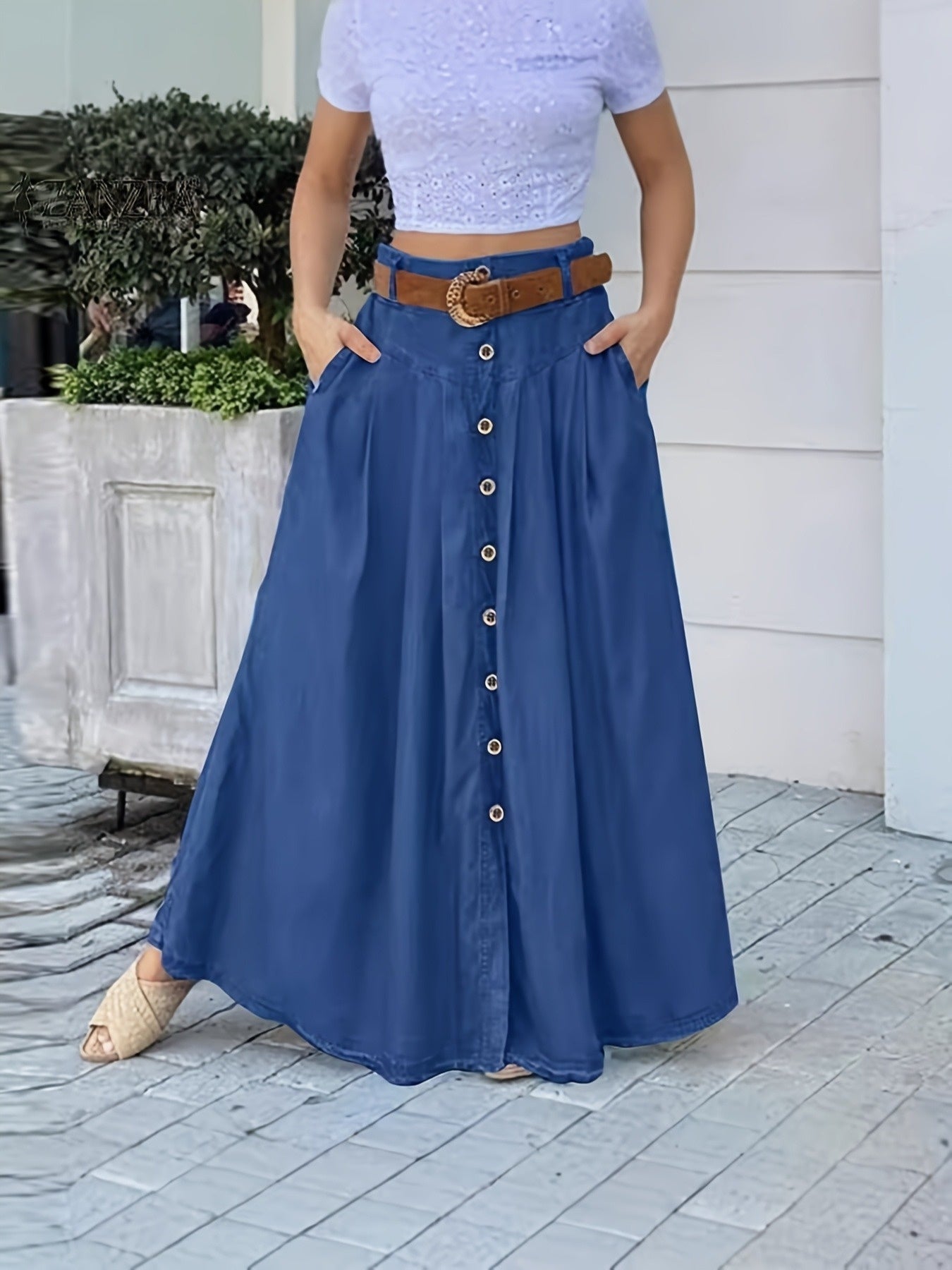 Women's Maxi Denim Skirt - High-Waist Button Front detail view