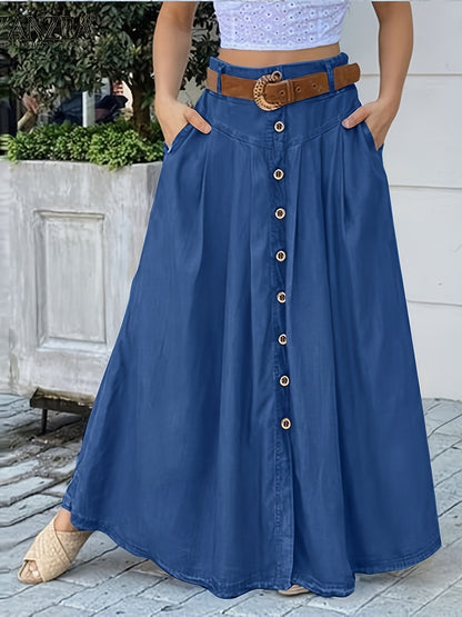Women's Maxi Denim Skirt - High-Waist Button Front – Blue option – main product image